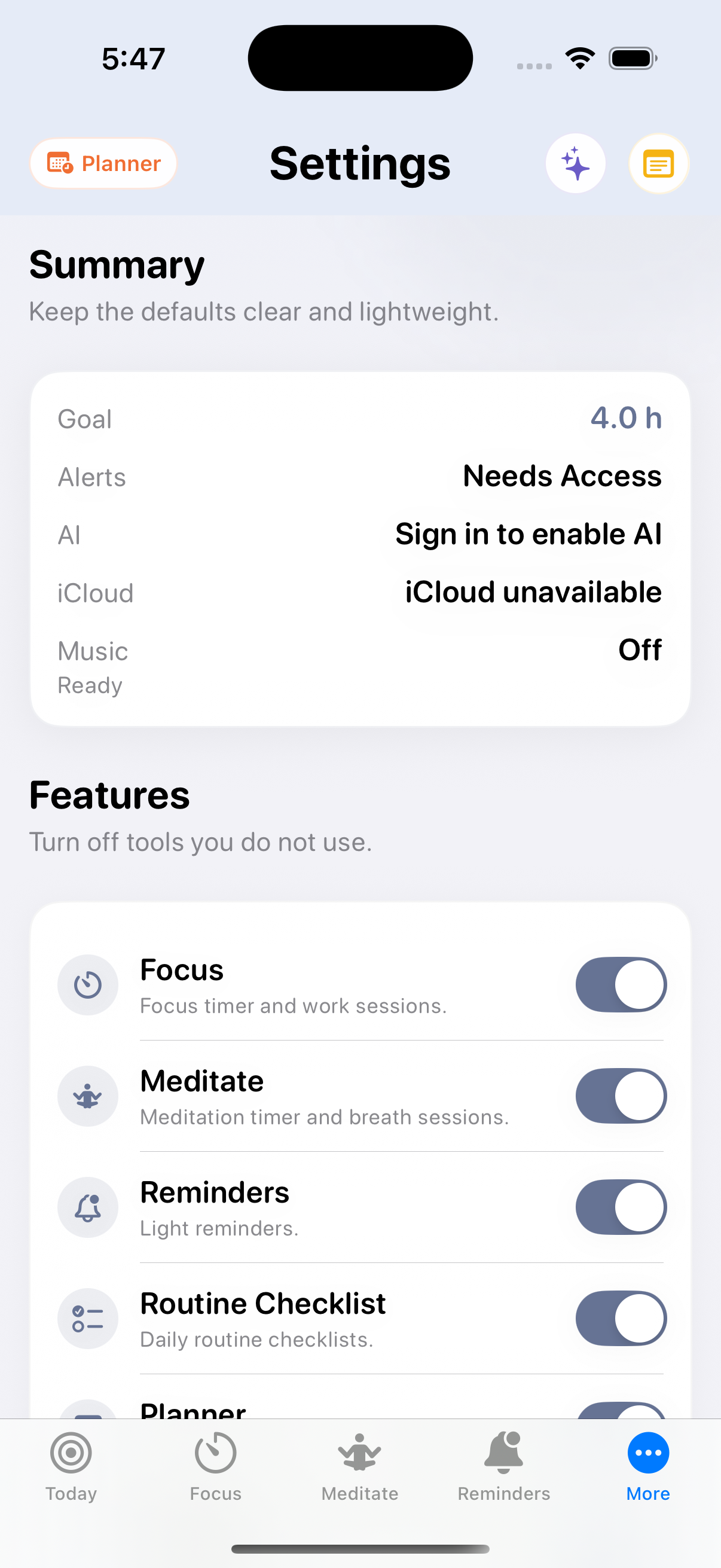Northpath Settings tab showing feature toggles and app status.